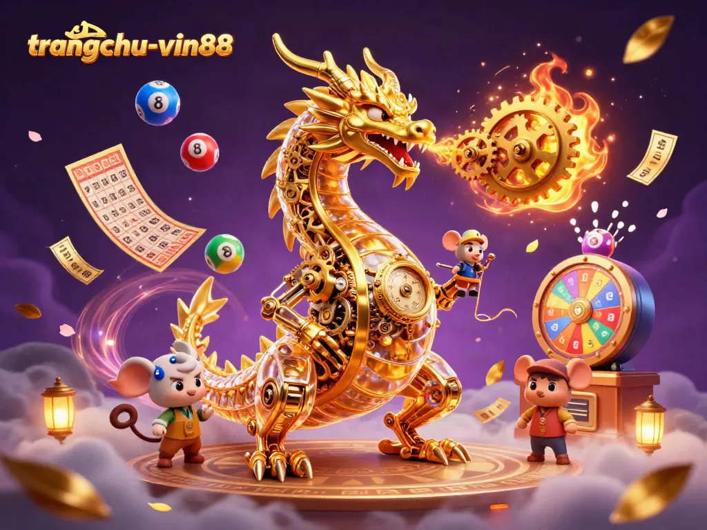 Engage with thrilling gameplay at trangchu-vin88 featuring a biomechanical dragon and vibrant lottery elements.