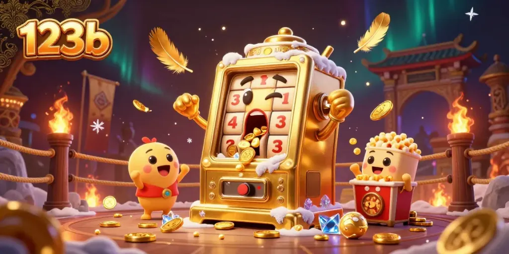 Experience the excitement of 123b's golden slot machines hitting jackpots, surrounded by vibrant casino elements and cheering buddies.