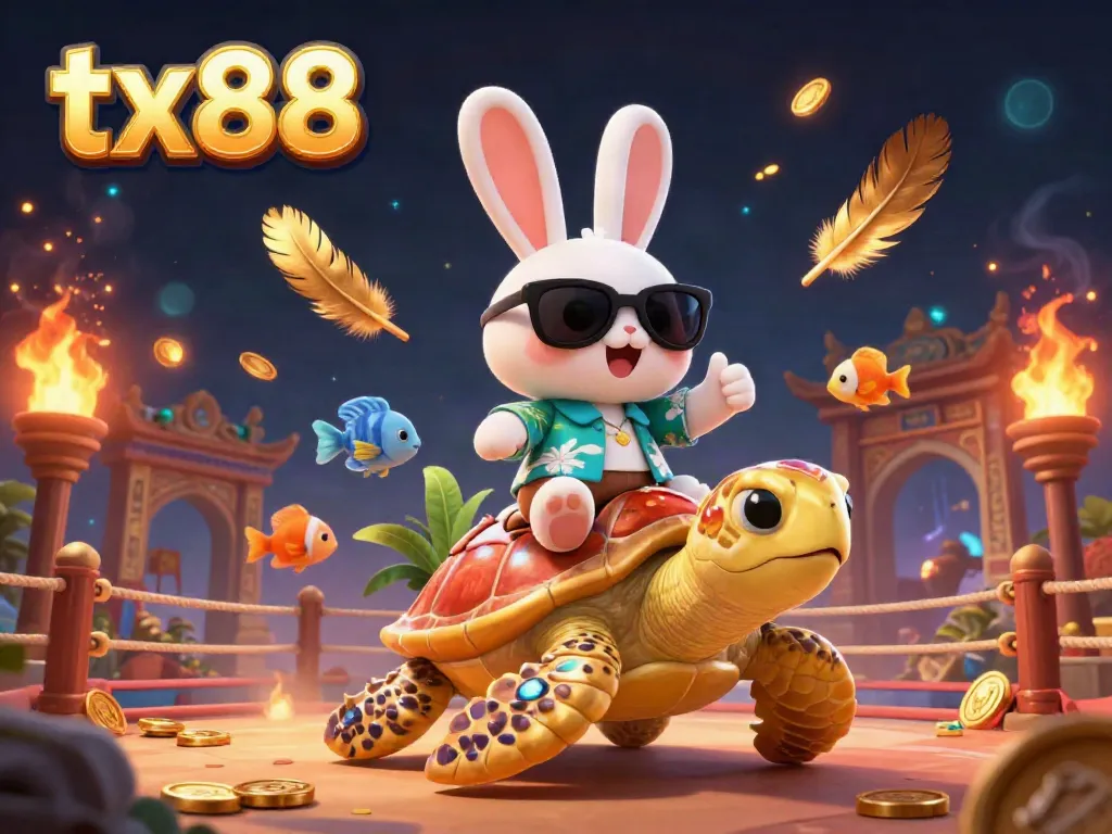 Engage with tx88 as a lucky rabbit rides a golden sea turtle among vibrant casino elements.