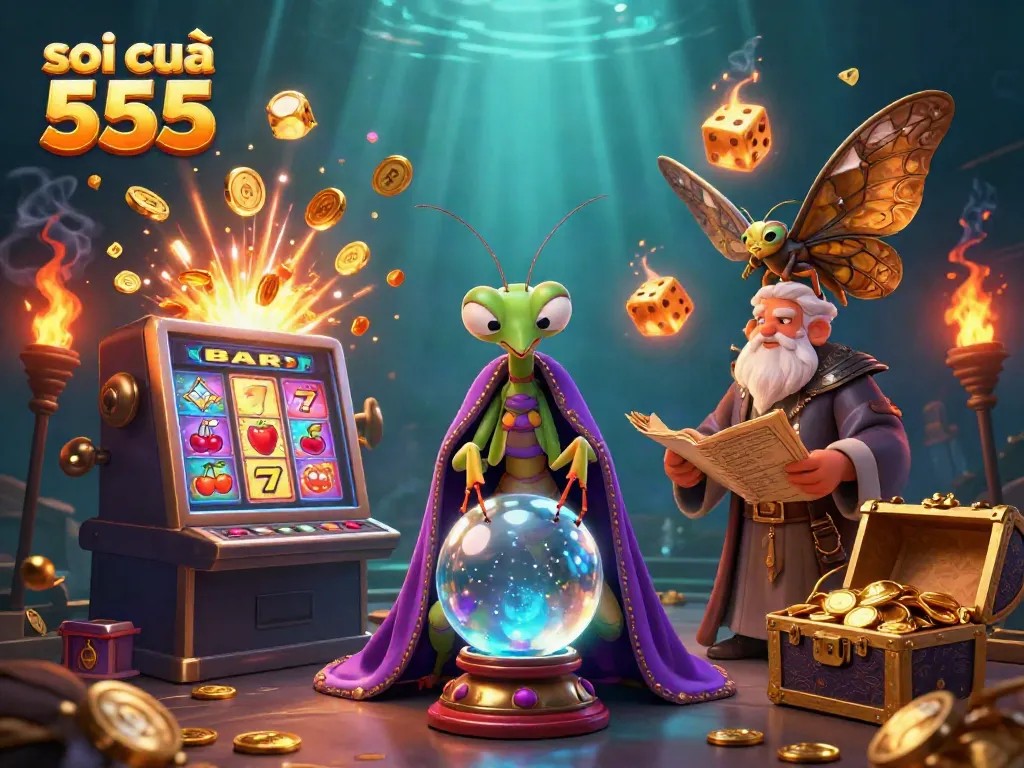 Engaging gambling experience with soi cầu 555, featuring detailed 3D characters and gaming elements amidst shining coins.
