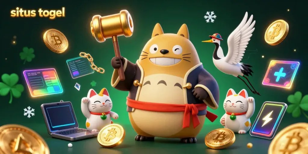 Experience the vibrant world of situs togel with lucky tanuki, samurai crane, and maneki-neko amidst crypto coins.
