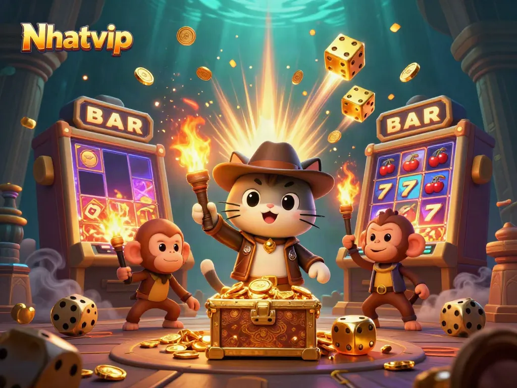 Experience the thrill of Nhatvip with a cartoon archaeologist cat and monkey companion in a dynamic casino adventure.