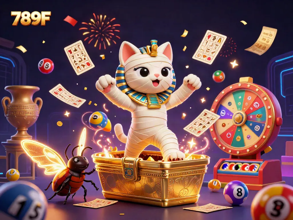 Experience the excitement of gambling with 789F featuring a mummy cat and glowing scarab in a dynamic casino scene.