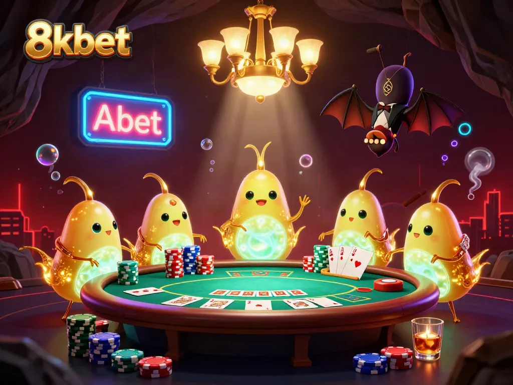 Experience the excitement of 8xbet's casino with glowworms lighting the scene and a bat dealer.