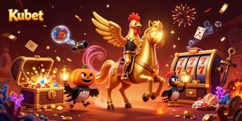 Kubet offers thrilling slot action with a golden rooster and carnival atmosphere in a casino scene.