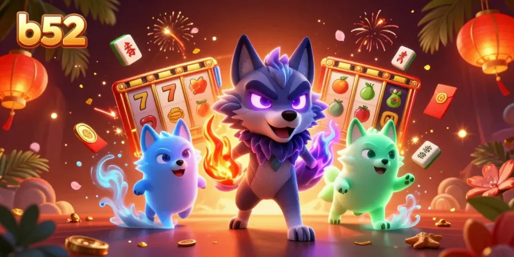 Experience thrilling gaming at b52 with dynamic slot reels surrounded by ghostly wolves and vibrant elements.
