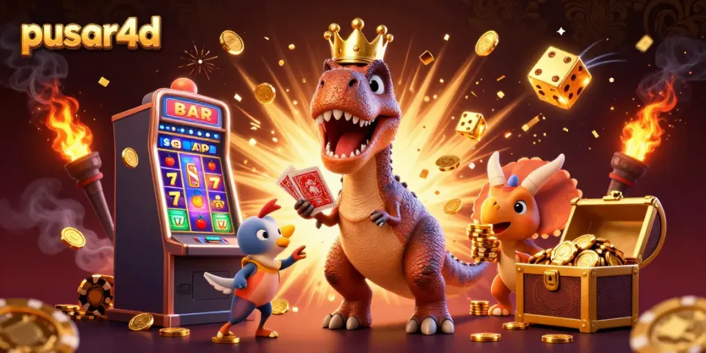 Engage with pusar4d as a T-Rex shuffles cards, surrounded by a jackpot explosion of coins and vibrant game elements.