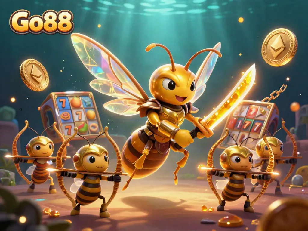 Experience thrilling slot gaming with Go88's vibrant illustration featuring a golden hornet and arcade elements.