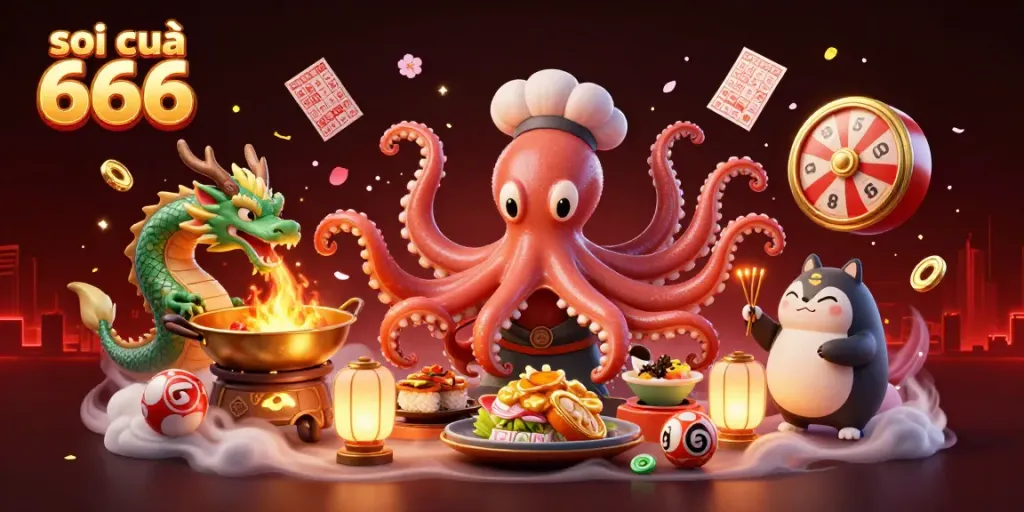 Soi cầu 666 inspired dynamic illustration with octopus chef and dragon in an engaging lottery scene.