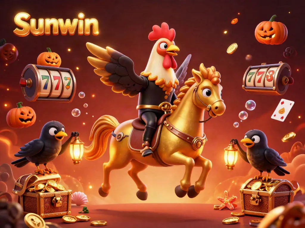 Experience the thrill of Sunwin's golden rooster riding a spectral horse in a vibrant casino.