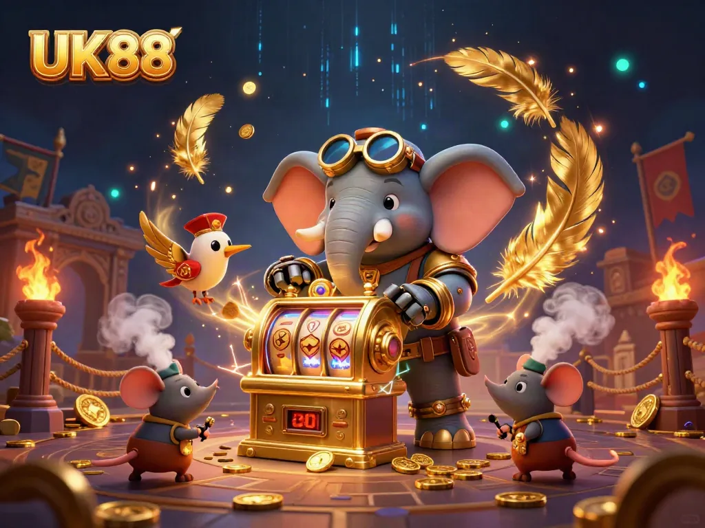 Spin the golden slot machine at UK88 with steampunk elements and vibrant casino atmosphere.