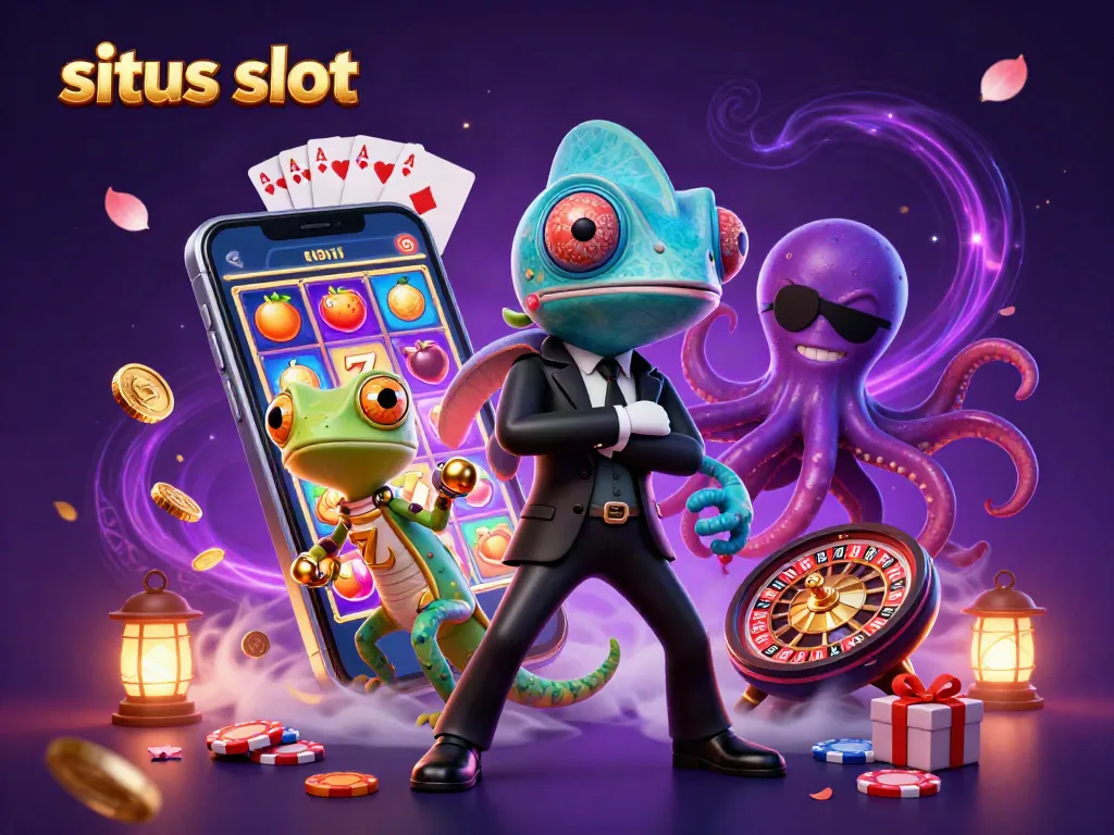 Gambarkan situs slot menarik dengan agen chameleon, gecko, dan gurita yang bersaing di luar layar.