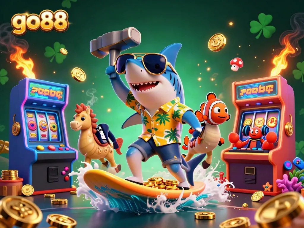 Sea-themed casino fun on go88 with a shark, clownfish, and crab DJ amid gold coins and slot reels.