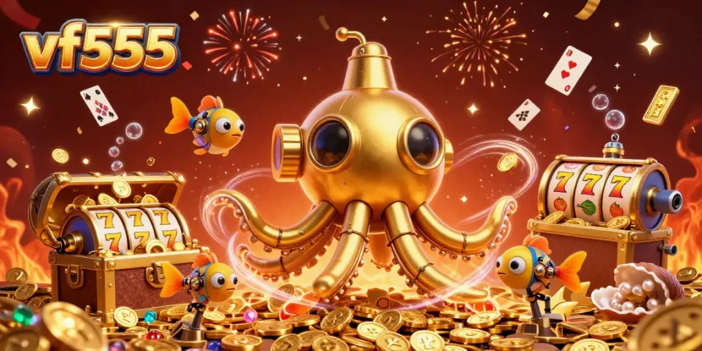 Experience thrilling gaming with vf555's golden kraken submarine and treasure-filled underwater scene.