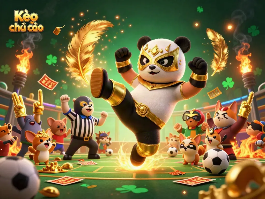 Experience Kèo nhà cái excitement as a panda wrestler flies into action with a cheering crowd during sports betting.