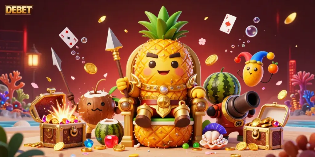 Engage with DEBET's vibrant gaming scene featuring the golden pineapple king and whimsical elements in a beach casino.