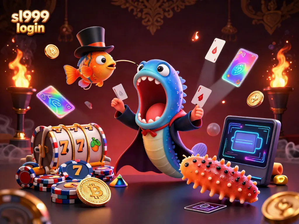 Engaging scene of sl999 login featuring a bioluminescent eel magician surrounded by dynamic casino elements.