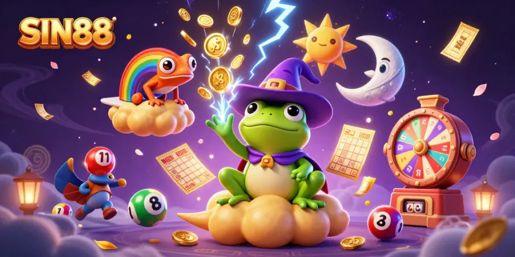 SIN88 showcases a wizard frog amidst a golden coin storm, symbolizing thrilling online gambling.