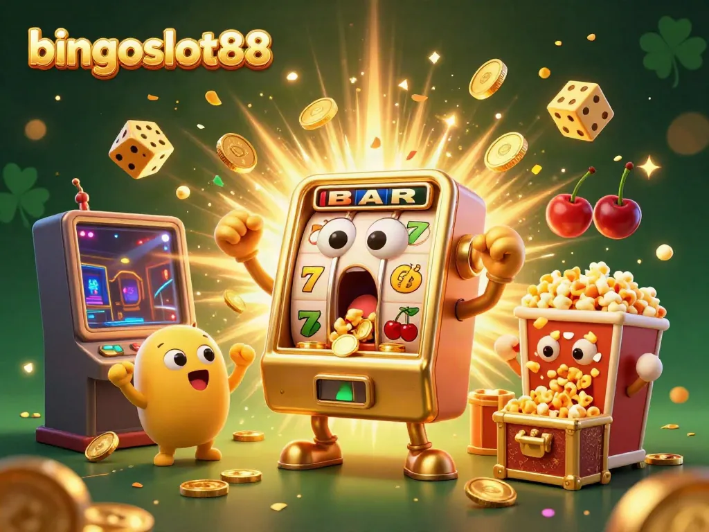 Mesin slot bingoslot88 menang jackpot di latar belakang ceria dan berkilau.
