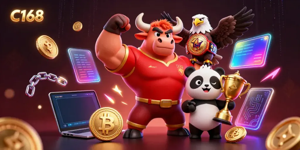 Join the celebration at C168, where a muscular bull, bald eagle, and panda win big in this animated casino scene.