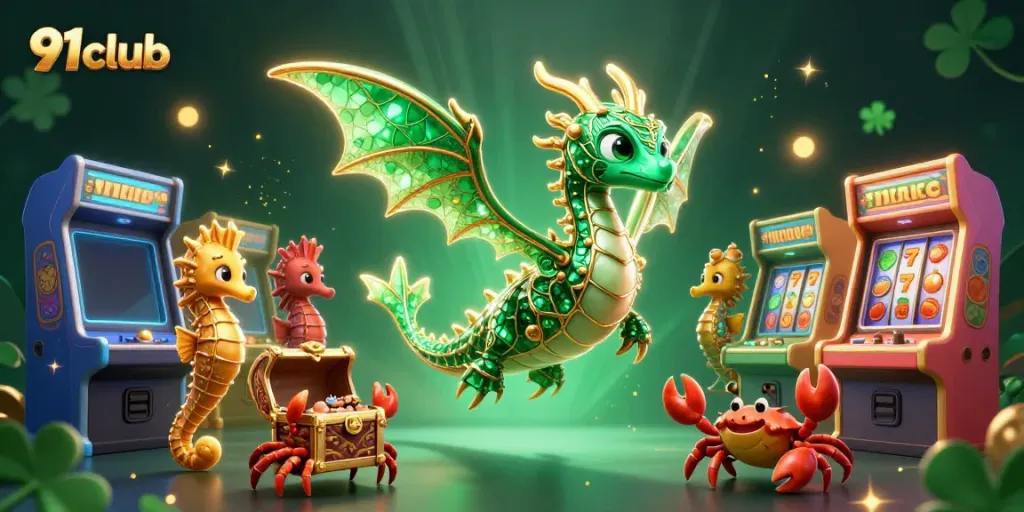 Spin the reels at 91club with a vibrant 3D casino environment featuring dragons and gold.