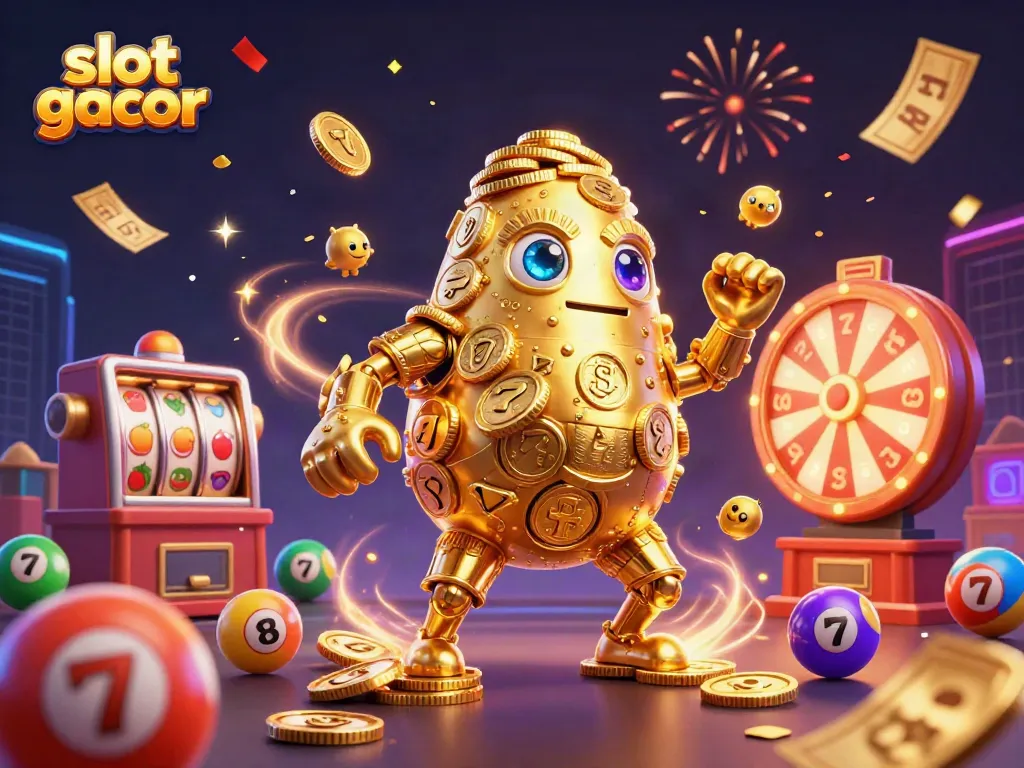 Engage in the vibrant slot gacor world with a dynamic 3D scene of a golden golem and gambling elements.