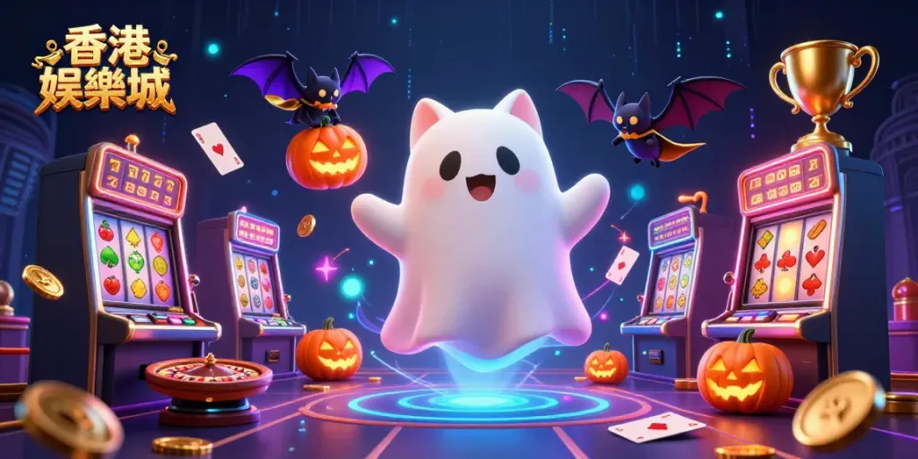 Experience thrilling games at 香港娛樂城 with a dynamic scene featuring a floating ghost cat and casino elements.