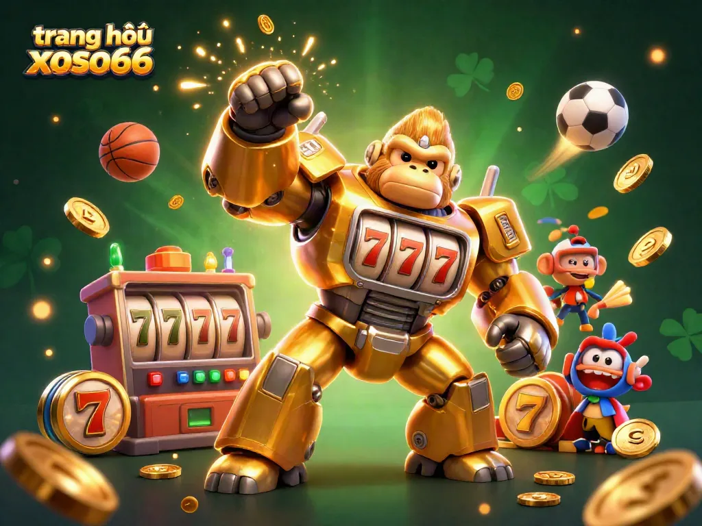 Experience the excitement at trang chủ xoso66 with a dynamic scene featuring a golden gorilla mech and vibrant game elements.