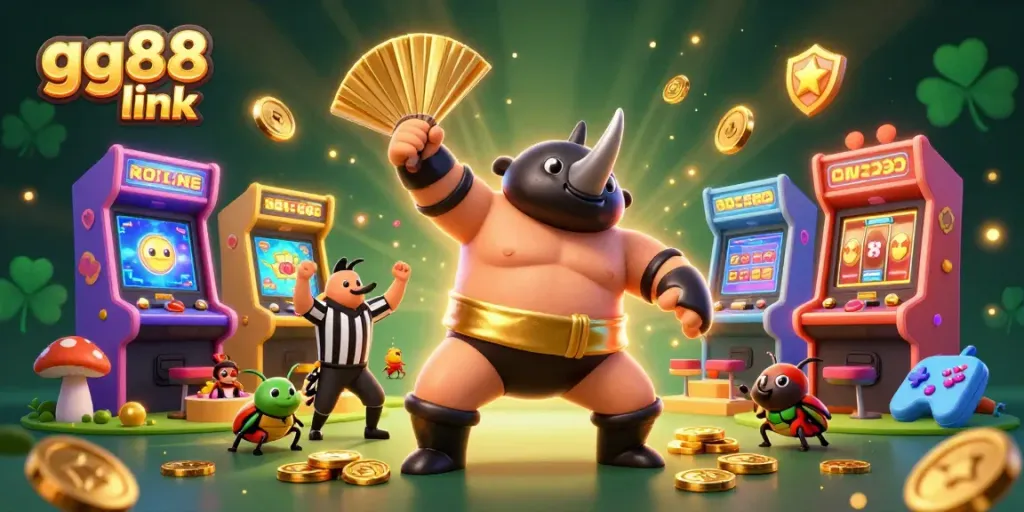 Experience the excitement of gg88 link as a sumo champion beetle stomps gold coins, surrounded by vibrant casino imagery.