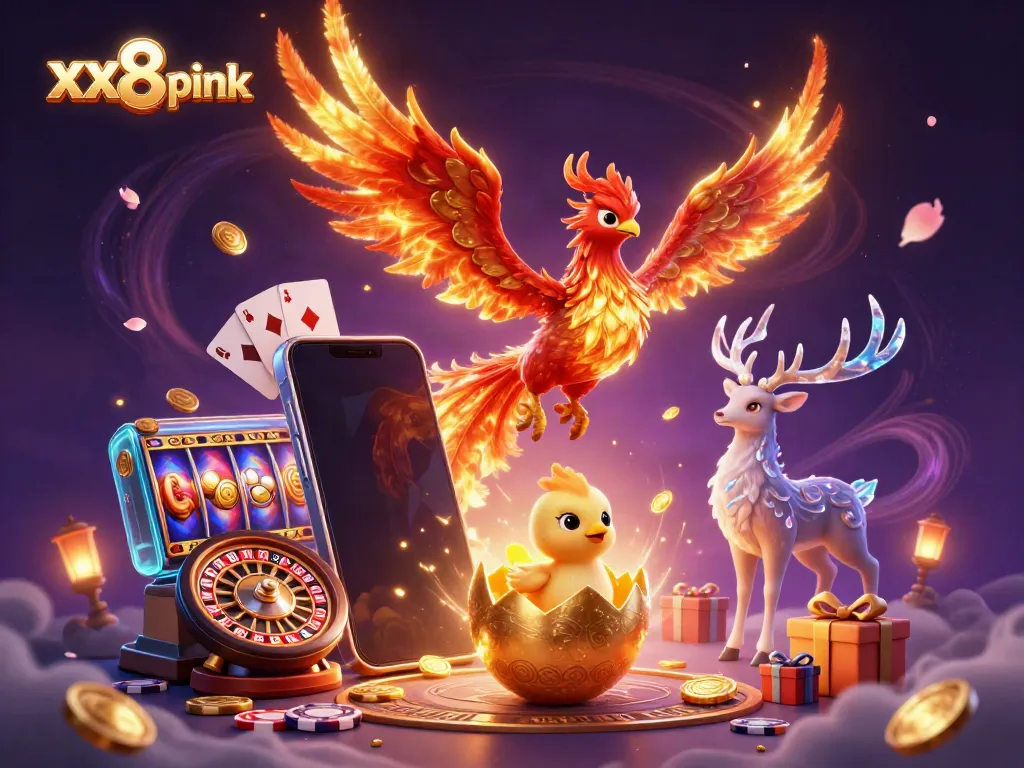 Engage in thrilling gaming action with the vibrant scene of the xx8 pink phoenix and casino elements