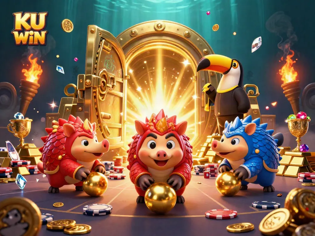 KU WIN pangolins competing in a high-stakes casino scene with dazzling treasures.