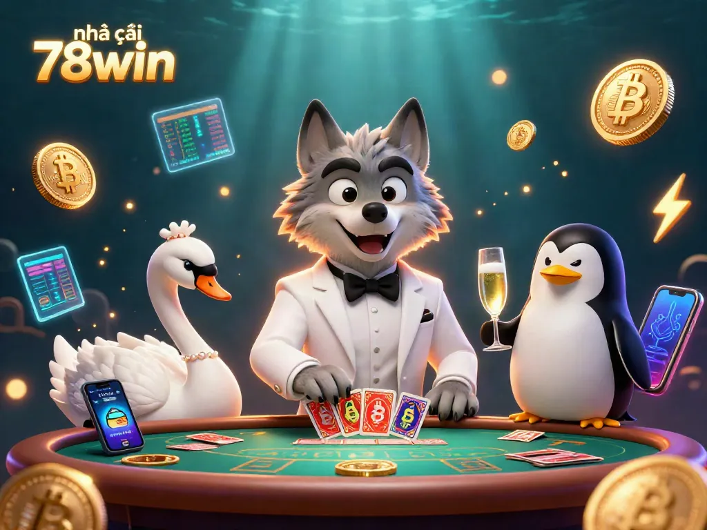Engaging illustration of nhà cái 78win showcasing a wolf at a baccarat table with crypto elements