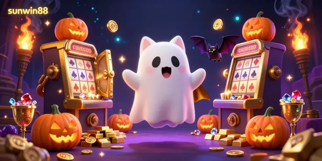 Watch the friendly ghost cat explore the haunted sunwin88 casino, filled with treasures and spooky fun.