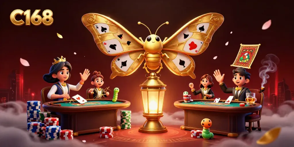 Experience thrilling gameplay at C168 with vibrant poker scene featuring a majestic moth and casino elements.