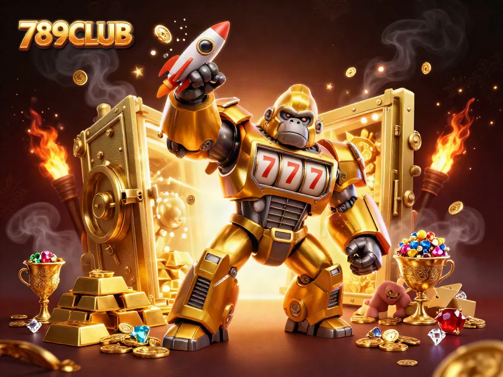 Experience the excitement with 789CLUB's golden gorilla mech amidst treasures and casino elements.