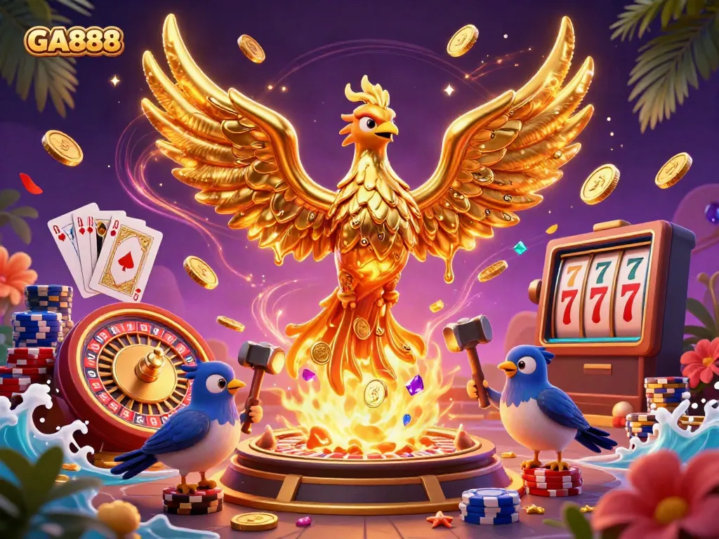 Experience thrilling gameplay with GA888's molten golden phoenix and dynamic casino elements.