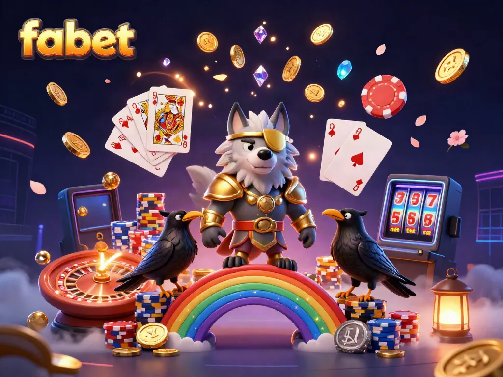 Watch fabet's Odin wolf and ravens celebrate wins amidst a dazzling casino chip rainbow.