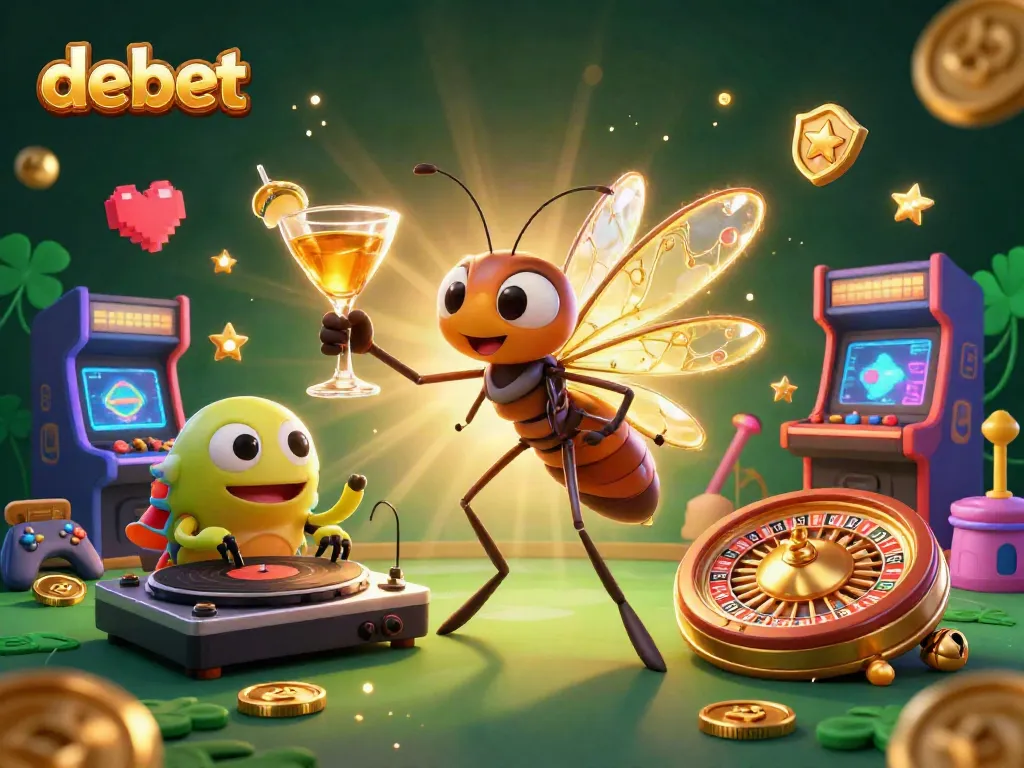 Engage in DEBET's vibrant casino experience with a dynamic 3D illustration showcasing distinctive game elements and a lively atmosphere.