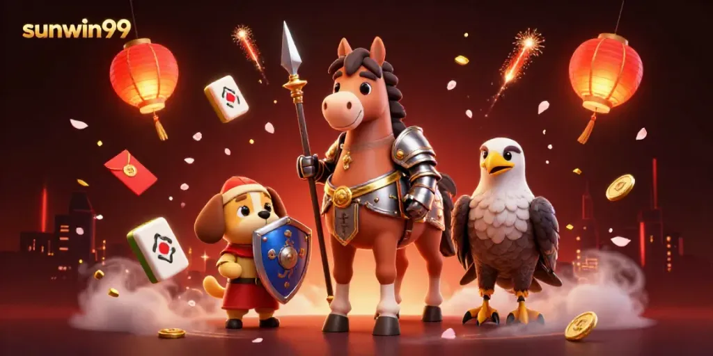 Experience the excitement of sunwin99 with a vibrant, dynamic casino illustration featuring knights and gaming elements.