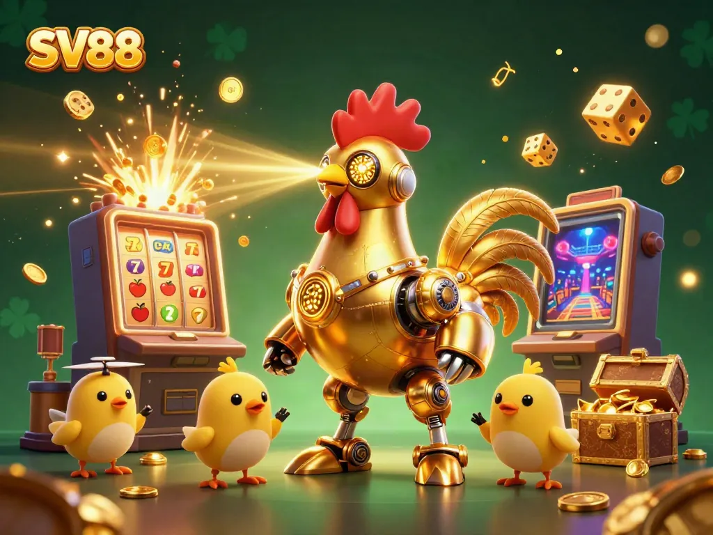 Engage with SV88's vibrant casino scene featuring a golden rooster robot and chick drones amidst explosive jackpots.