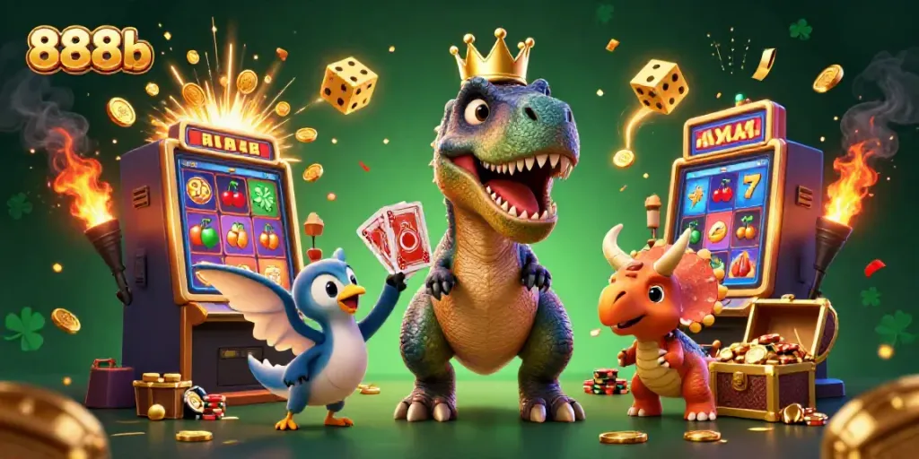 Experience exciting gaming with 888b as a friendly T-Rex and friends shuffle cards and stack chips.