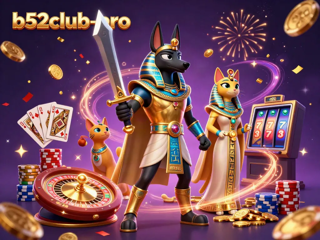 Bets unfold with b52club-pro's Anubis and Bastet amid cascading riches in a vibrant casino scene.