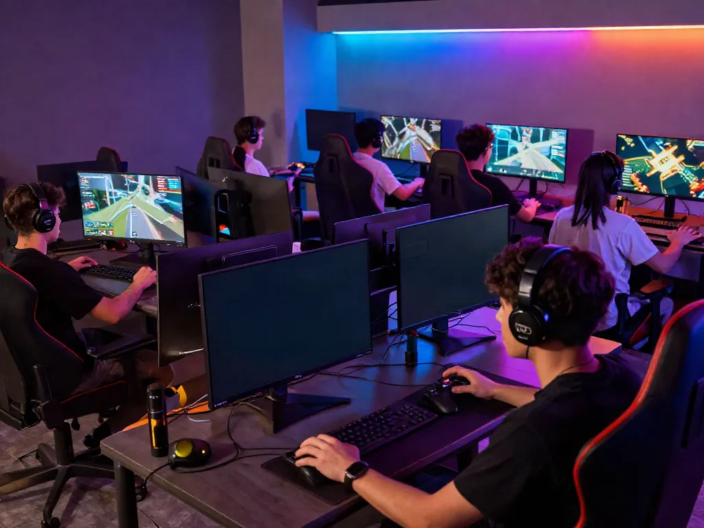 Kilat404 players engaging in thrilling online games in a colorful gaming lounge.
