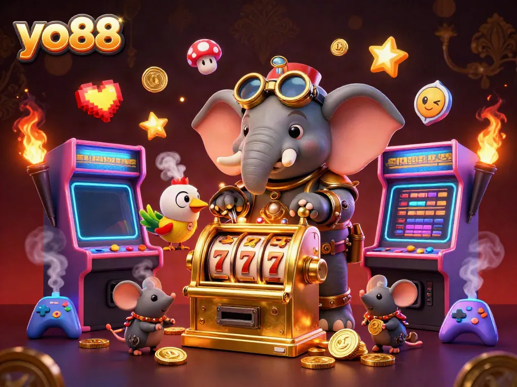 Experience the excitement of yo88 with a steampunk elephant engineer at a golden slot machine in a vibrant casino scene.