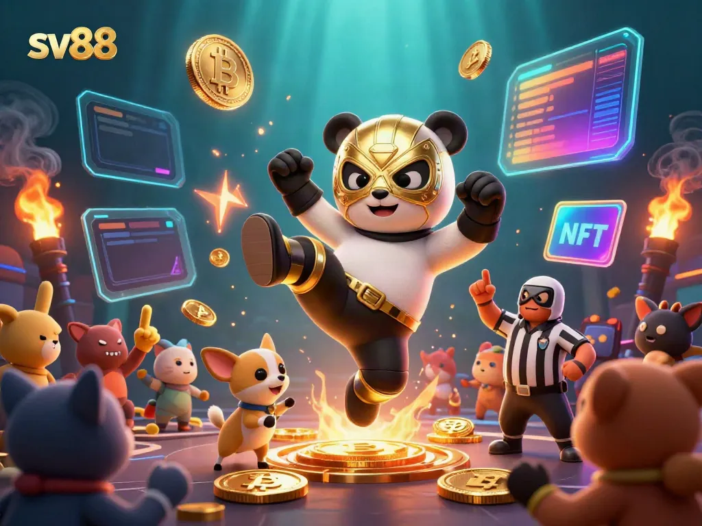 Experience thrilling gambling with sv88, a lively scene with cartoon characters, cryptocurrency elements, and vibrant energy.