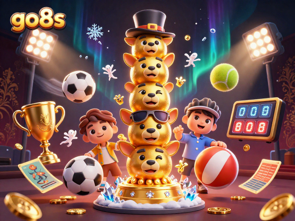 Experience the excitement at go8s with a vibrant casino-themed illustration showcasing dynamic sports elements.