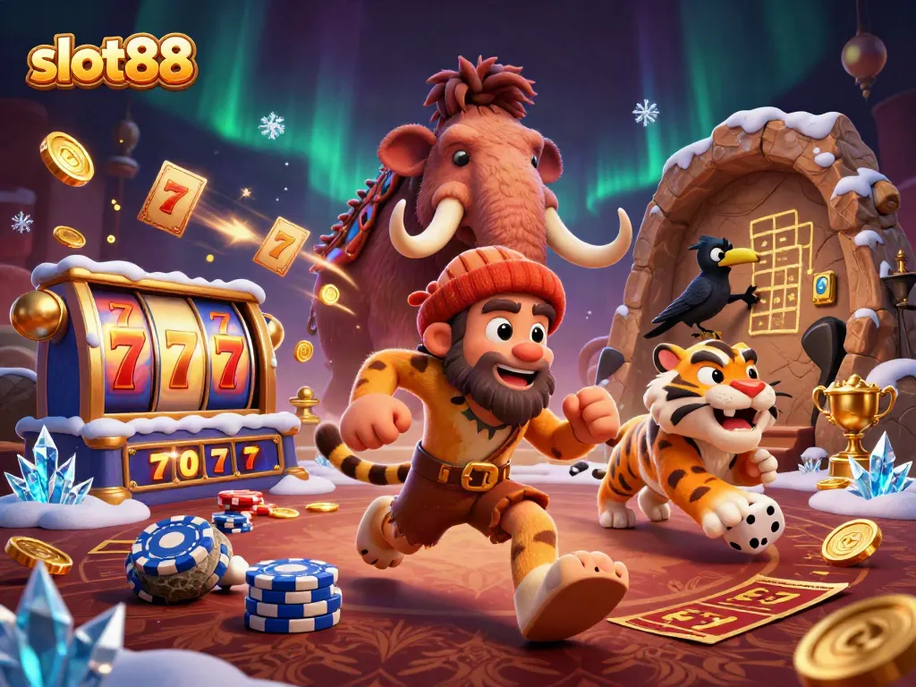 Experience the thrill of slot88 with vibrant characters enjoying a lively prehistoric casino.