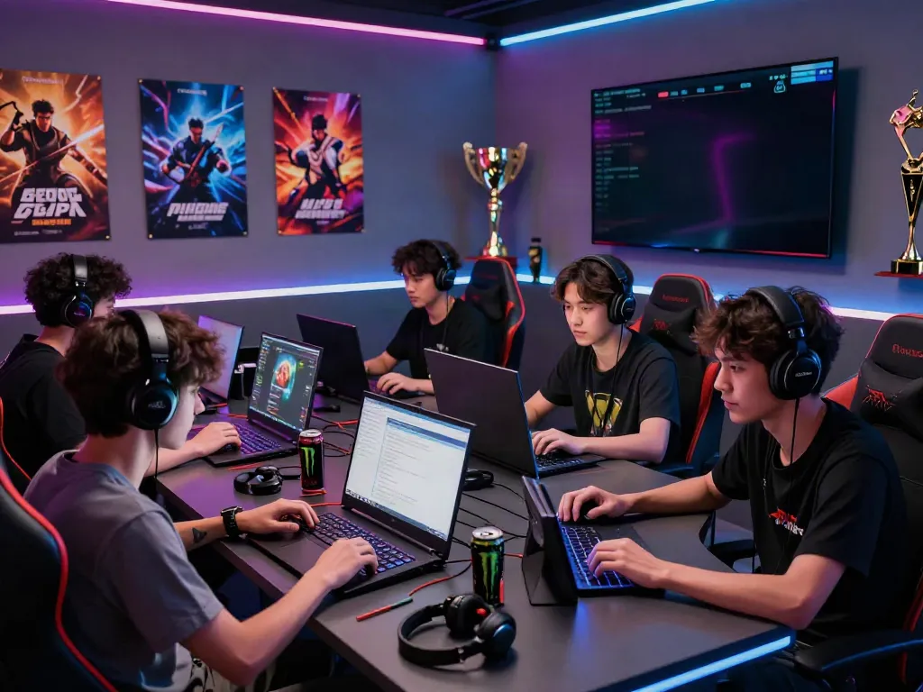 Exciting gaming session at cổng game man88 with players focused on screens and vibrant LED lights.