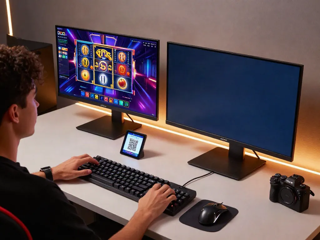 Individual experiencing slot qris gaming at a modern workstation with vibrant graphics.