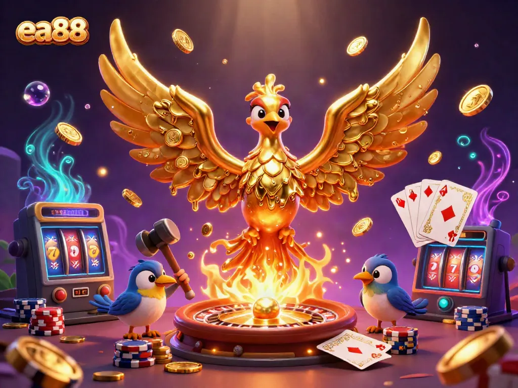 Witness the allure of ea88 with a dynamic casino scene featuring a golden phoenix and vibrant gaming elements.